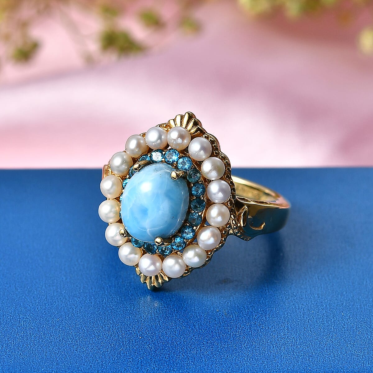 D'Joy AAA Larimar and Multi Gemstone 2.75 ctw Ocean Bloom Halo Ring in 18K Vermeil Yellow Gold Over Sterling Silver (Size 8.0) image number 1