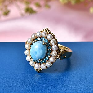 D'Joy AAA Larimar and Multi Gemstone 2.75 ctw Ocean Bloom Halo Ring in 18K Vermeil Yellow Gold Over Sterling Silver (Size 9.0)