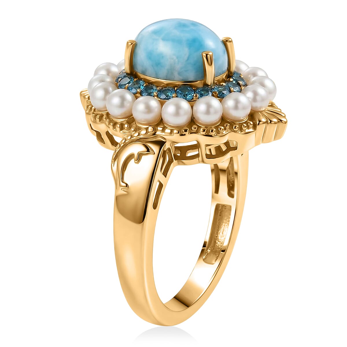 D'Joy AAA Larimar and Multi Gemstone 2.75 ctw Ocean Bloom Halo Ring in 18K Vermeil Yellow Gold Over Sterling Silver (Size 9.0) image number 3