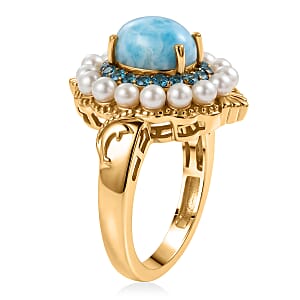 D'Joy AAA Larimar and Multi Gemstone 2.75 ctw Ocean Bloom Halo Ring in 18K Vermeil Yellow Gold Over Sterling Silver (Size 9.0)
