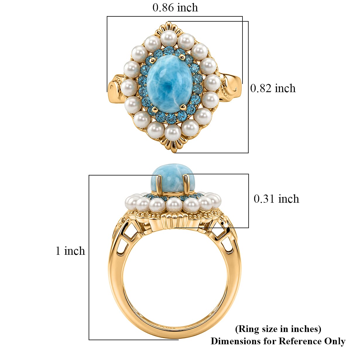 D'Joy AAA Larimar and Multi Gemstone 2.75 ctw Ocean Bloom Halo Ring in 18K Vermeil Yellow Gold Over Sterling Silver (Size 9.0) image number 5