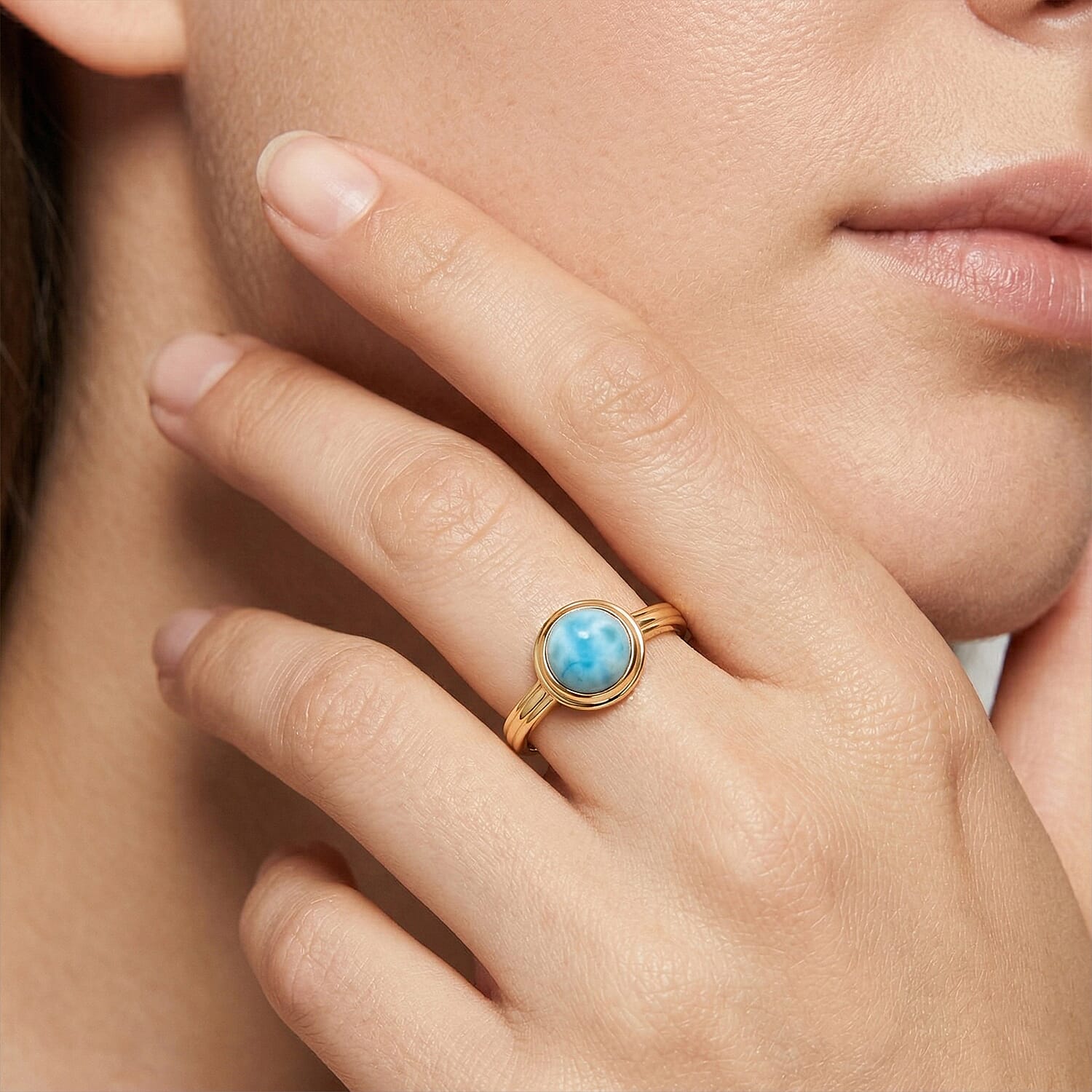 D'Joy AAA Larimar 1.30 ctw Ocean Dot Ring in 18K YG Plated Sterling Silver (Size 10.0)