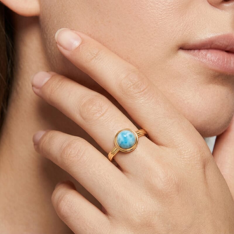 D'Joy AAA Larimar 1.30 ctw Ocean Dot Ring in 18K YG Plated Sterling Silver (Size 6.0)