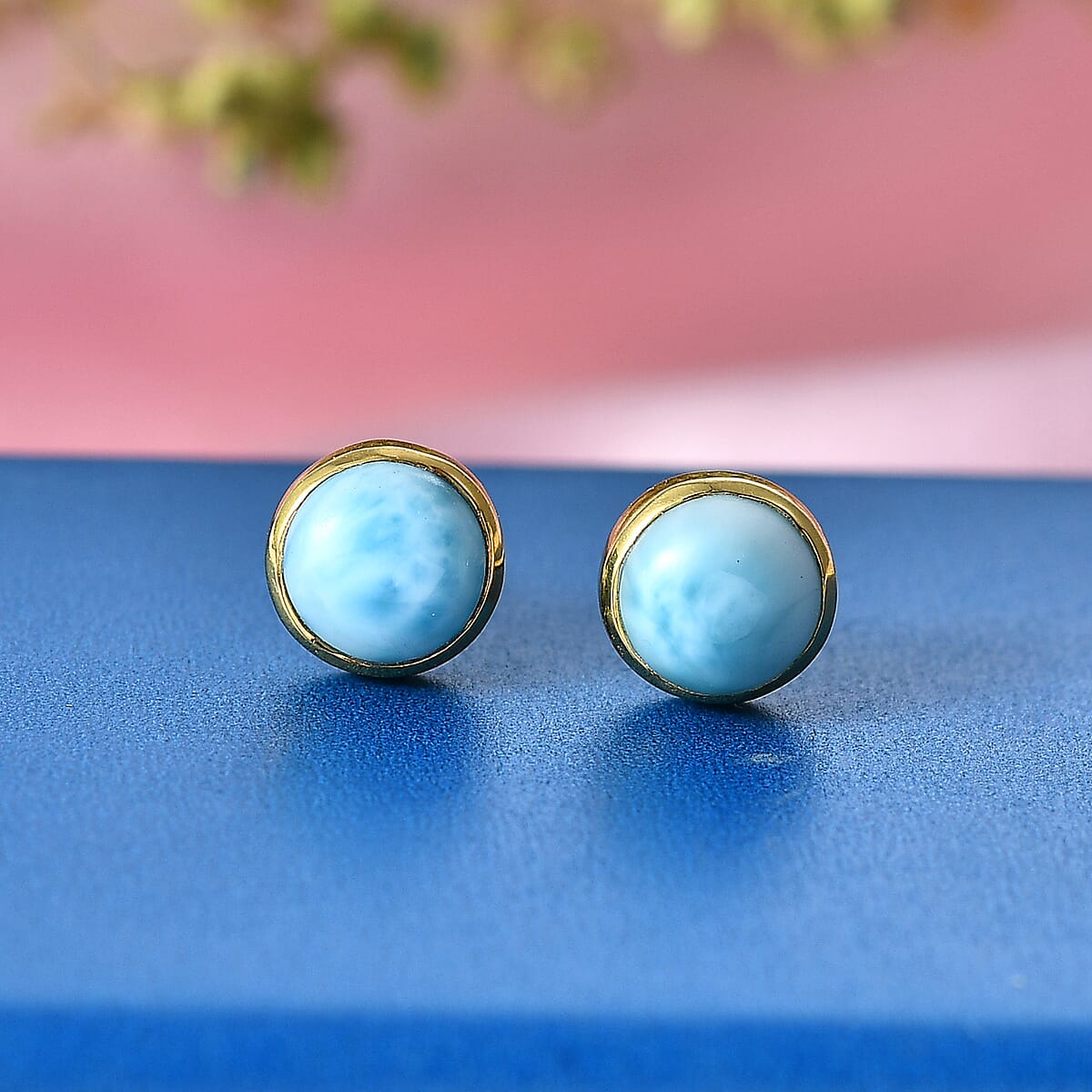 D'Joy AAA Larimar 2.25 ctw Ocean Dot Stud Earrings in 18K YG Plated Sterling Silver image number 1