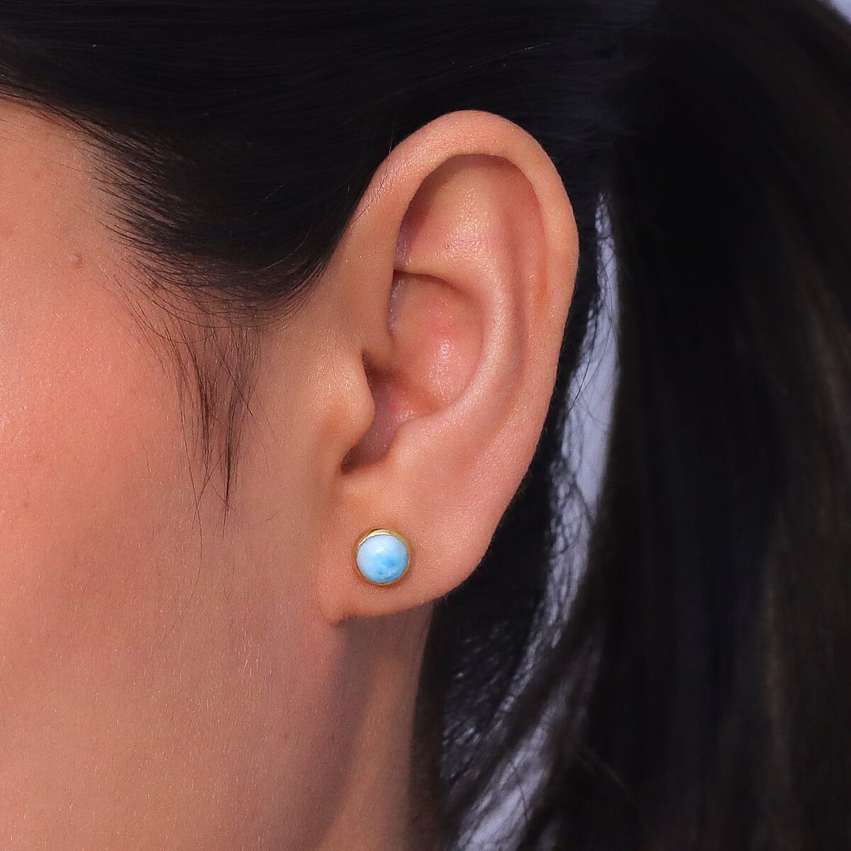 D'Joy AAA Larimar 2.25 ctw Ocean Dot Stud Earrings in 18K YG Plated Sterling Silver image number 2