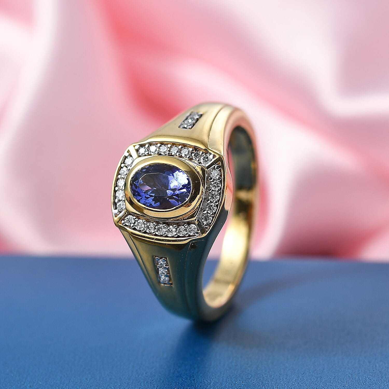 D'Joy Tanzanite and Moissanite 1.10 ctw Men's Ring in 18K Vermeil Yellow Gold Over Sterling Silver (Size 10.0)