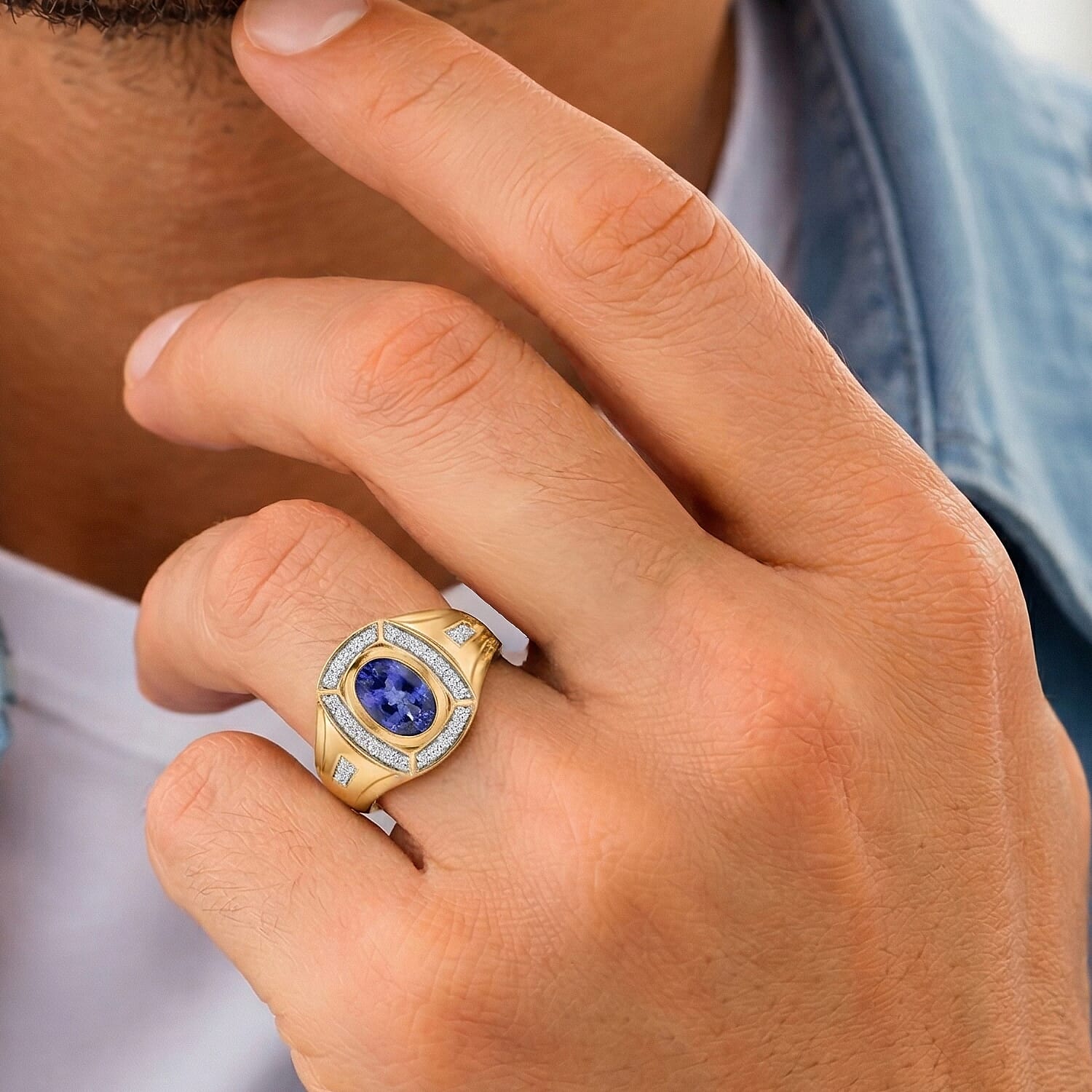 D'Joy Tanzanite and Moissanite 1.10 ctw Men's Ring in 18K Vermeil Yellow Gold Over Sterling Silver (Size 10.0)