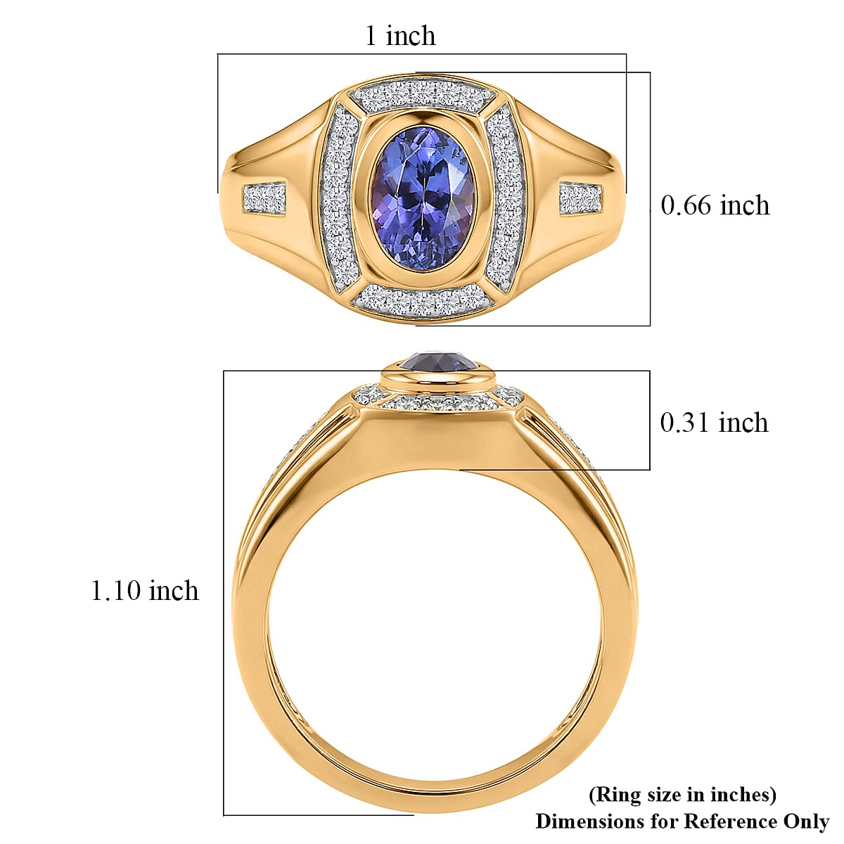 D'Joy Tanzanite and Moissanite 1.10 ctw Men's Ring in 18K Vermeil Yellow Gold Over Sterling Silver (Size 10.0)