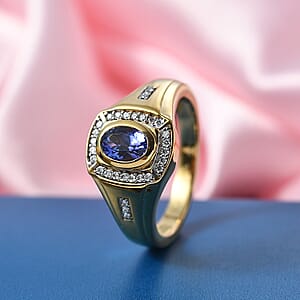 D'Joy Tanzanite and Moissanite 1.10 ctw Men's Ring in 18K Vermeil Yellow Gold Over Sterling Silver (Size 14.0)