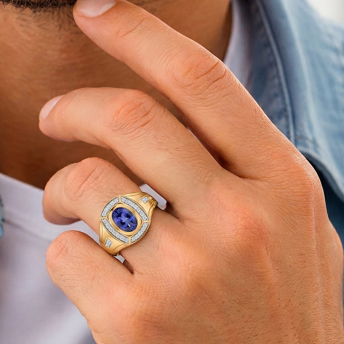 D'Joy Tanzanite and Moissanite 1.10 ctw Men's Ring in 18K Vermeil Yellow Gold Over Sterling Silver (Size 14.0) image number 2