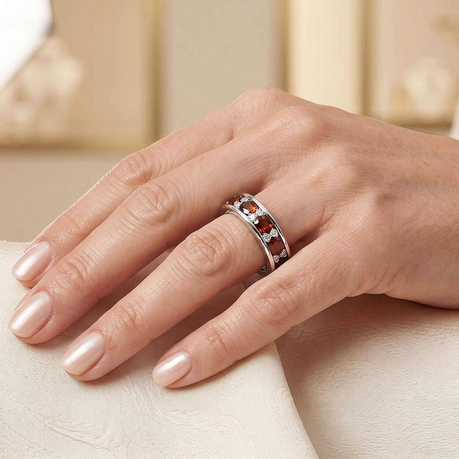 EverTrue Cherry Citrine and Moissanite 1.50 ctw Band Ring in Platinum Bond (Size 6.0)