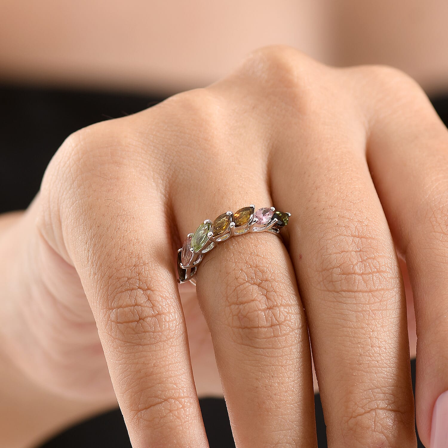 D'Joy Multi-Tourmaline 1.50 ctw 7 Stone Ring in Platinum Over Sterling Silver (Size 6.0)
