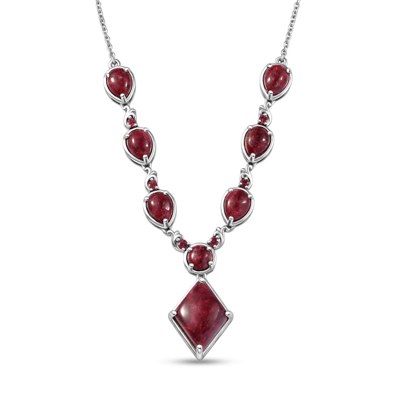 EverTrue Premium Norwegian Thulite and Orissa Rose Garnet 21.10 ctw Drop Line Necklace in Platinum Bond 18-20 Inches