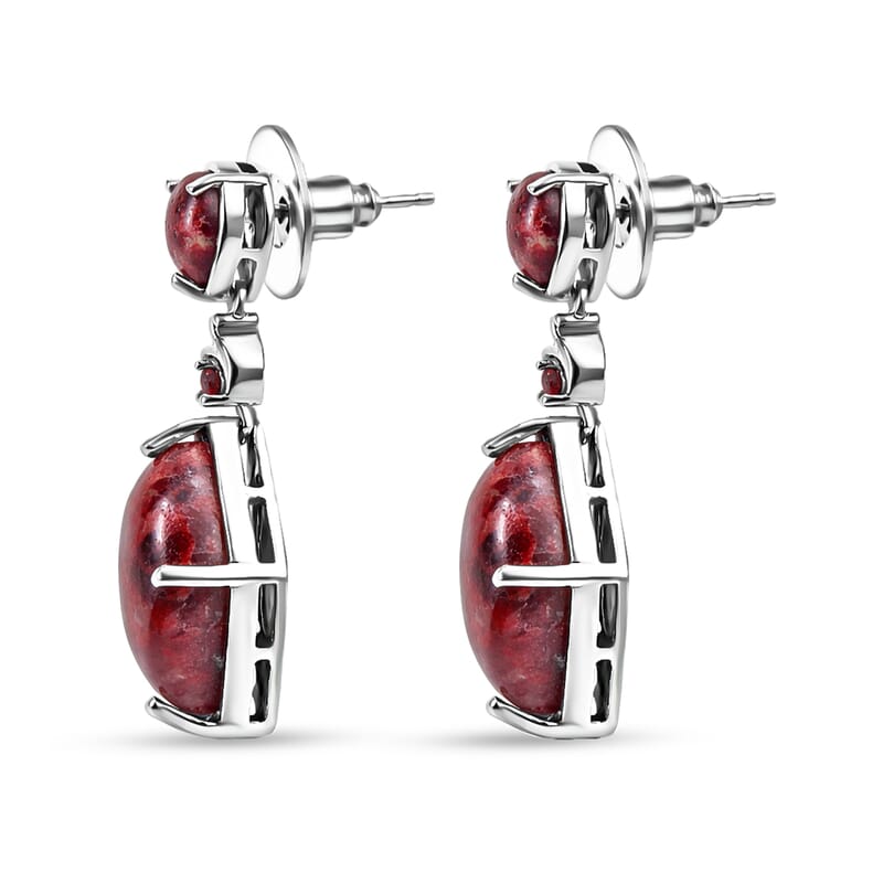EverTrue Premium Norwegian Thulite and Orissa Rose Garnet 17.70 ctw Drop Line Earrings in Platinum Bond