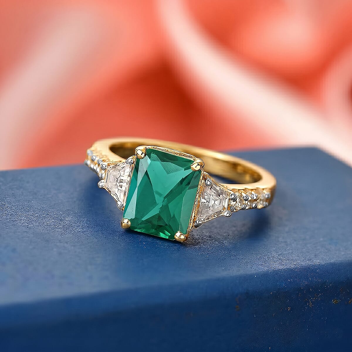 D'Joy Lab Grown Emerald and Moissanite 3.10 ctw Ring in 18K Vermeil Yellow Gold Over Sterling Silver (Size 5.0) image number 1