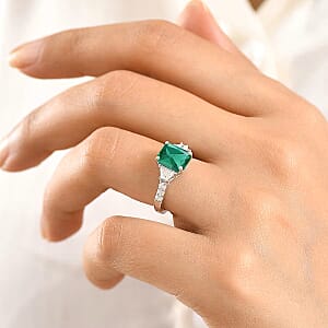 D'Joy Lab Grown Emerald and Moissanite 3.10 ctw Ring in Rhodium Over Sterling Silver (Size 12.0)