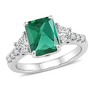 D'Joy Lab Grown Emerald and Moissanite 3.10 ctw Ring in Rhodium Over Sterling Silver (Size 8.0)