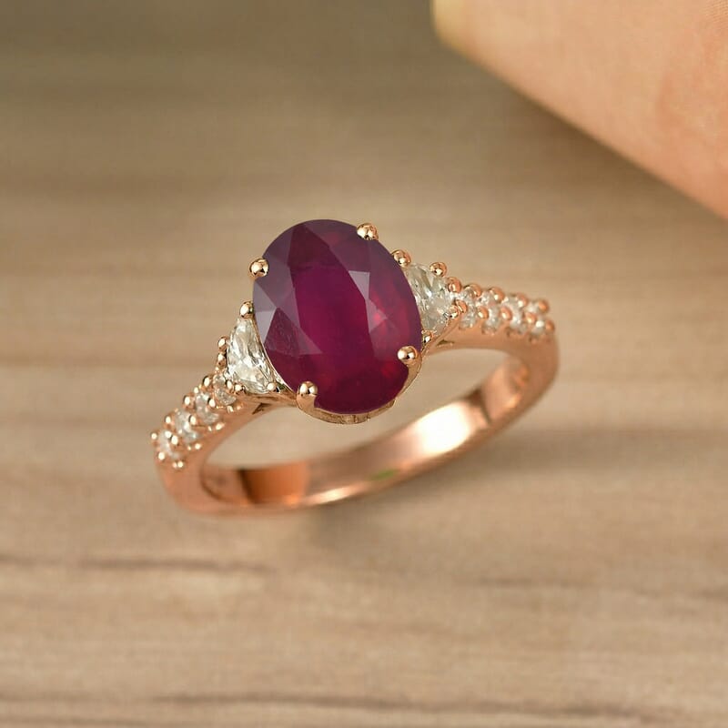 D'Joy Niassa Ruby (FF) and Moissanite 3.40 ctw Ring in 18K Vermeil Rose Gold Over Sterling Silver (Size 5.0)