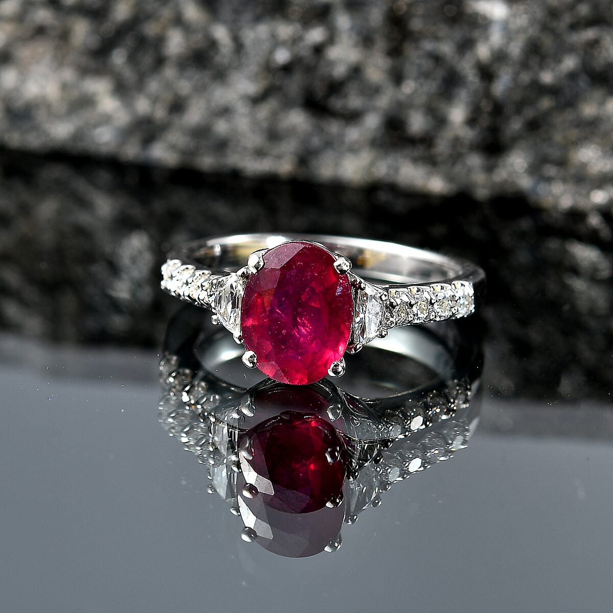 D'Joy Niassa Ruby (FF) and Moissanite 3.40 ctw Ring in Rhodium Over Sterling Silver (Size 7.0) image number 1