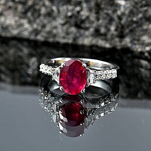 D'Joy Niassa Ruby (FF) and Moissanite 3.40 ctw Ring in Rhodium Over Sterling Silver (Size 7.0)