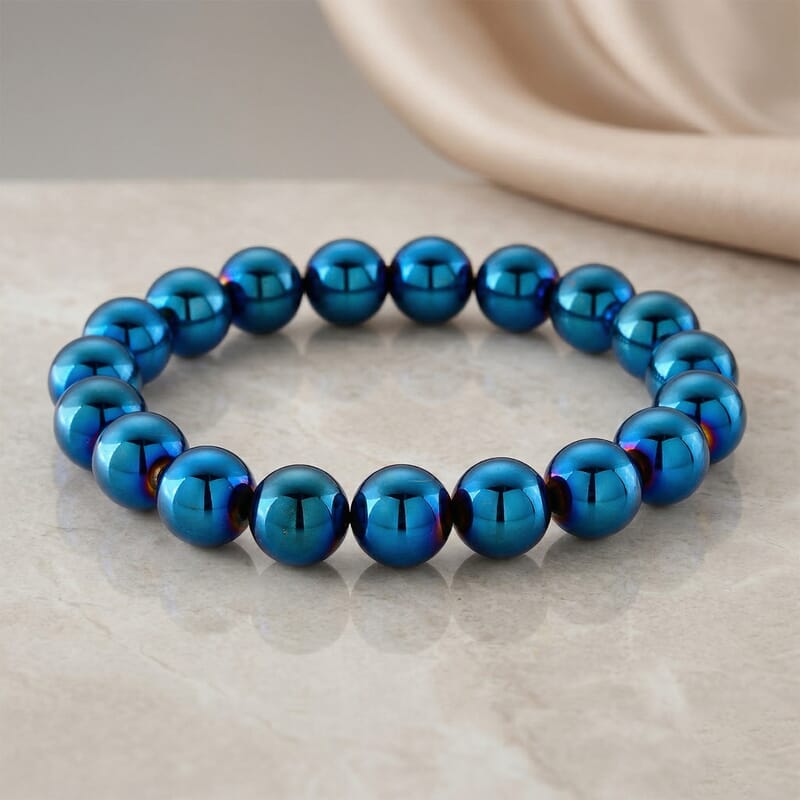Fashionable Blue Coated Terahertz Beaded 120.00 ctw Stretch Bracelet