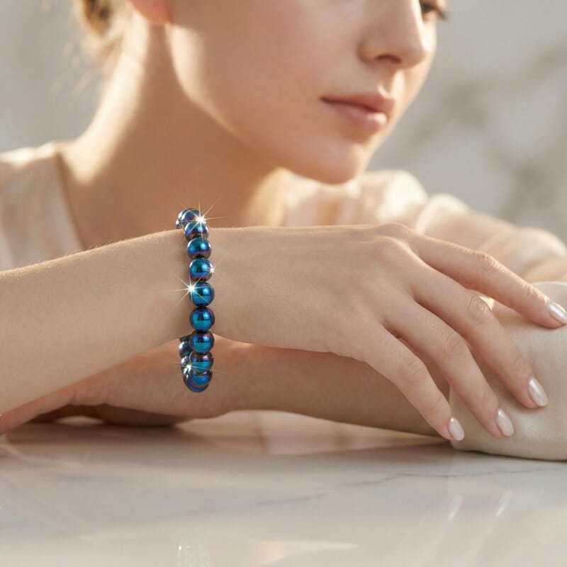 Fashionable Blue Coated Terahertz Beaded 120.00 ctw Stretch Bracelet