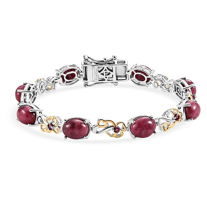 EverTrue Premium Norwegian Thulite and Orissa Rose Garnet 14.90 ctw Blooming Floral Bracelet in 18K YG Plated and Platinum Bond (6.50 In)