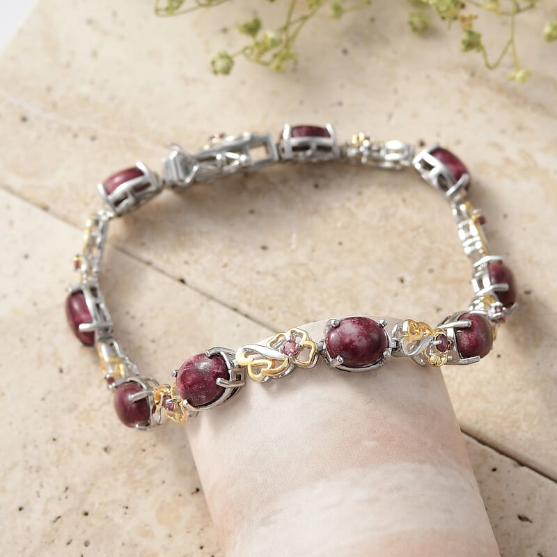 EverTrue Premium Norwegian Thulite and Orissa Rose Garnet 16.75 ctw Blooming Floral Bracelet in 18K YG Plated and Platinum Bond (7.25 In)