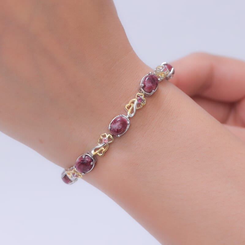 EverTrue Premium Norwegian Thulite and Orissa Rose Garnet 16.75 ctw Blooming Floral Bracelet in 18K YG Plated and Platinum Bond (7.25 In)