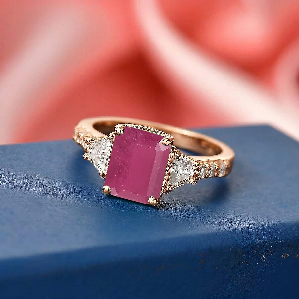 D'Joy Niassa Ruby (FF) and Moissanite 4.40 ctw Ring in 18K Vermeil Rose Gold Over Sterling Silver (Size 6.5) image number 1