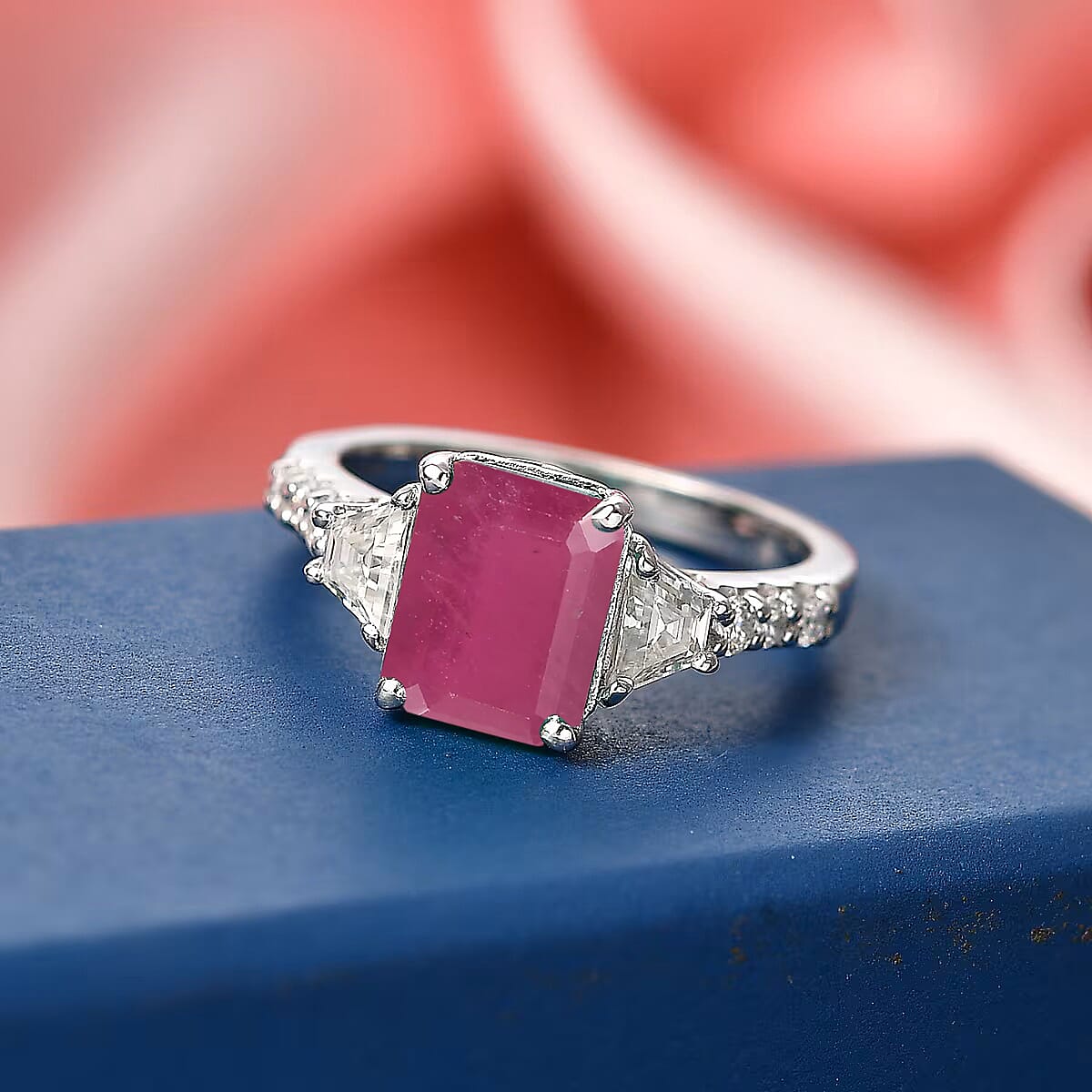 D'Joy Niassa Ruby (FF) and Moissanite 4.40 ctw Ring in Rhodium Over Sterling Silver (Size 6.5) image number 1