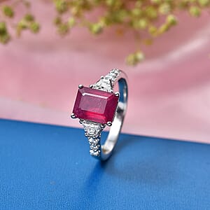 D'Joy Niassa Ruby (FF) and Moissanite 4.40 ctw Ring in Rhodium Over Sterling Silver (Size 7.0)