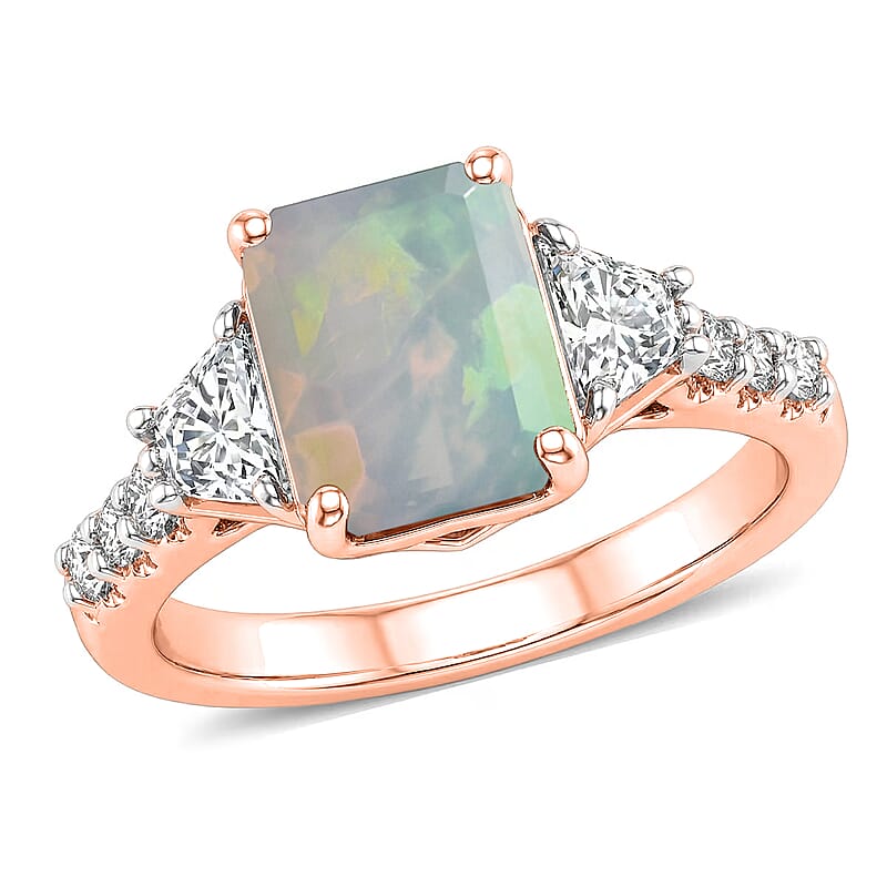 D'Joy Ethiopian Welo Opal and Moissanite 2.20 ctw Ring in 18K Vermeil Rose Gold Over Sterling Silver (Size 11.0)