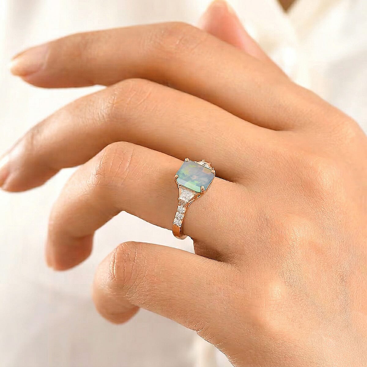 D'Joy Ethiopian Welo Opal and Moissanite 2.20 ctw Ring in 18K Vermeil Rose Gold Over Sterling Silver (Size 4.5) image number 2