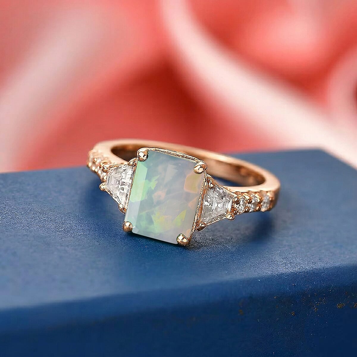 D'Joy Ethiopian Welo Opal and Moissanite 2.20 ctw Ring in 18K Vermeil Rose Gold Over Sterling Silver (Size 6.5) image number 1