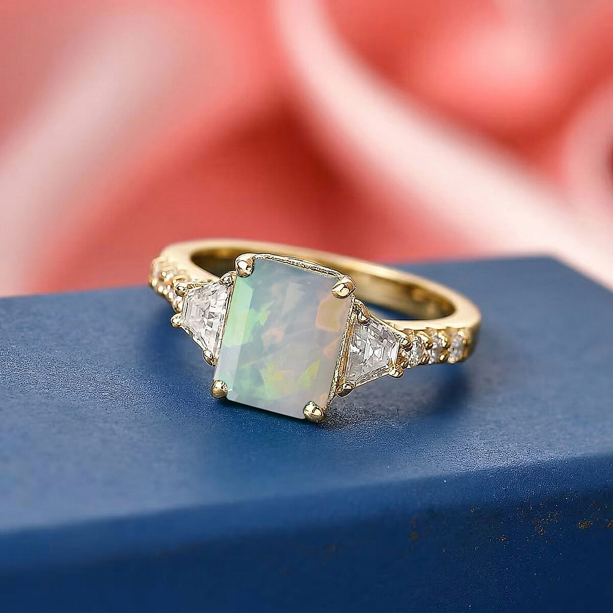 D'Joy Ethiopian Welo Opal and Moissanite 2.20 ctw Ring in 18K Vermeil Yellow Gold Over Sterling Silver (Size 5.0) image number 1