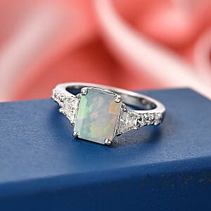 D'Joy Ethiopian Welo Opal and Moissanite 2.20 ctw Ring in Rhodium Over Sterling Silver (Size 11.0)