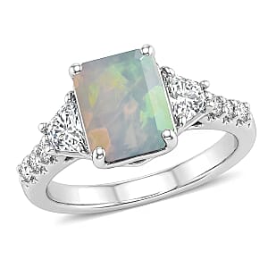 D'Joy Ethiopian Welo Opal and Moissanite 2.20 ctw Ring in Rhodium Over Sterling Silver (Size 11.5)