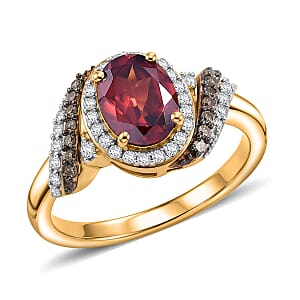 D'Joy AAA Red Zircon, Natural Champagne and White Diamond 2.00 ctw Royal Crimson Twist Ring in 18K Vermeil Yellow Gold Over Sterling Silver (Size 10.0)