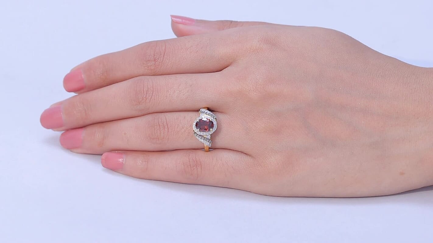 D'Joy AAA Red Zircon and Natural Champagne and White Diamond 2.00 ctw Ring in 18K Vermeil Yellow Gold Over Sterling Silver