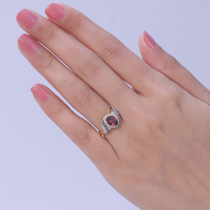 D'Joy AAA Red Zircon, Natural Champagne and White Diamond 2.00 ctw Royal Crimson Twist Ring in 18K Vermeil Yellow Gold Over Sterling Silver (Size 10.0)