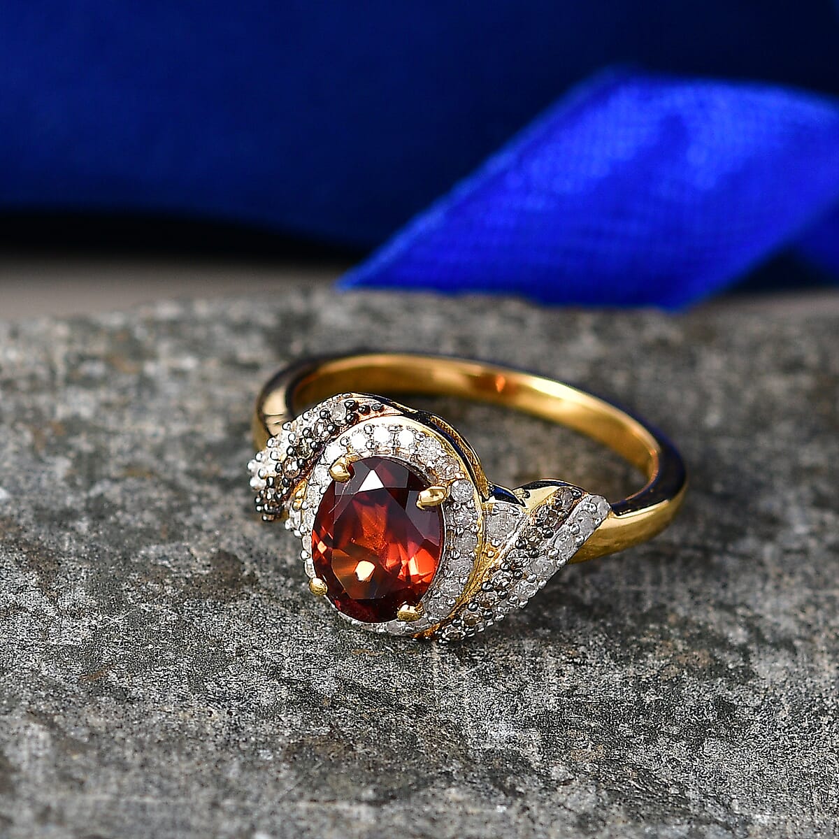 D'Joy AAA Red Zircon and Natural Champagne and White Diamond 2.00 ctw Ring in 18K Vermeil Yellow Gold Over Sterling Silver (Size 7.0) image number 1