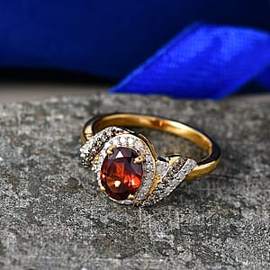 D'Joy AAA Red Zircon and Natural Champagne and White Diamond 2.00 ctw Ring in 18K Vermeil Yellow Gold Over Sterling Silver (Size 7.0)