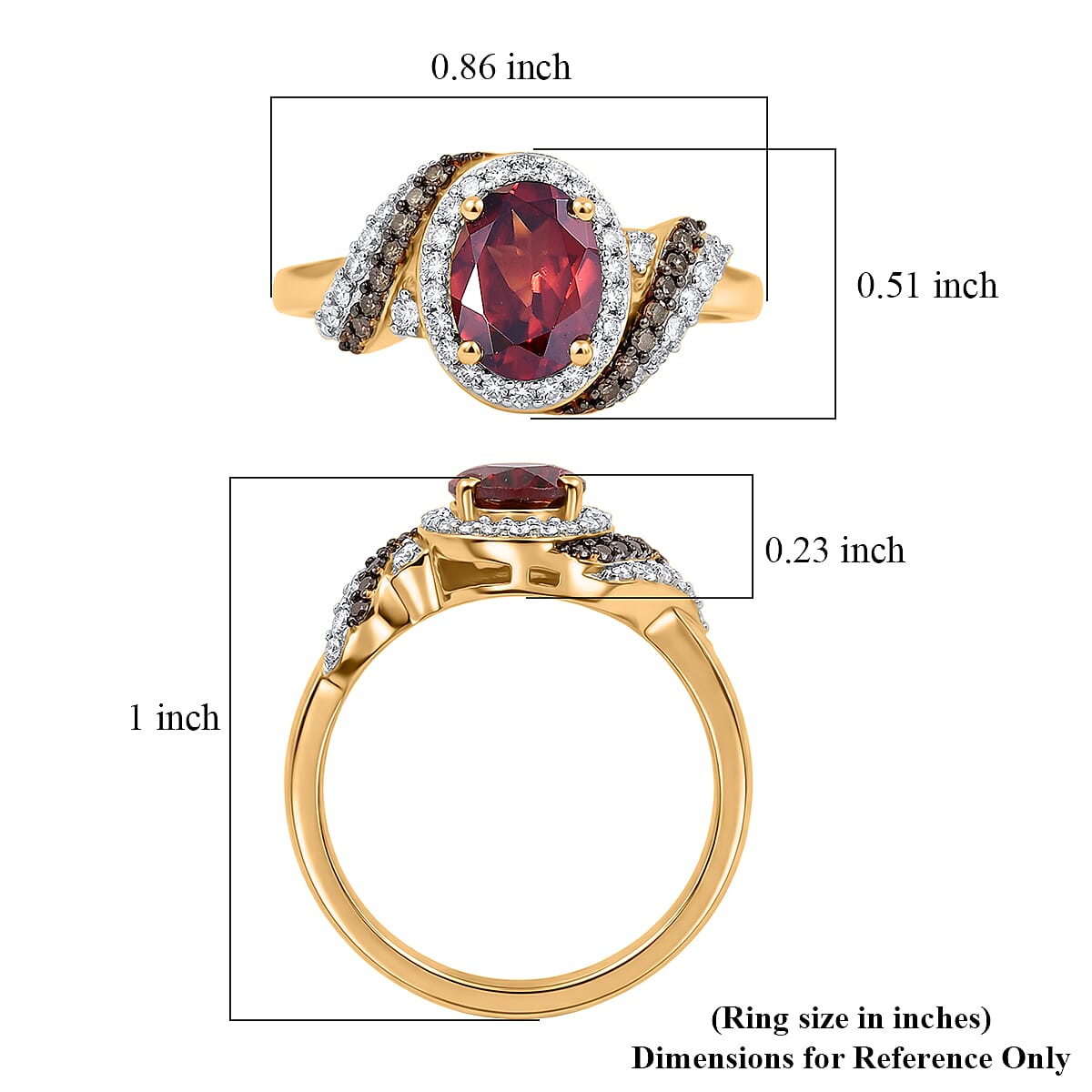 D'Joy AAA Red Zircon and Natural Champagne and White Diamond 2.00 ctw Ring in 18K Vermeil Yellow Gold Over Sterling Silver (Size 7.0) image number 5