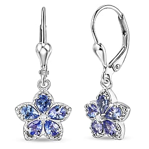 D'Joy Tanzanite and Moissanite 1.50 ctw Floral Bloom Earrings in Rhodium Over Sterling Silver