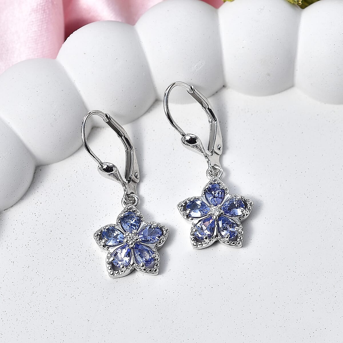D'Joy Tanzanite and Moissanite 1.50 ctw Floral Bloom Earrings in Rhodium Over Sterling Silver image number 1