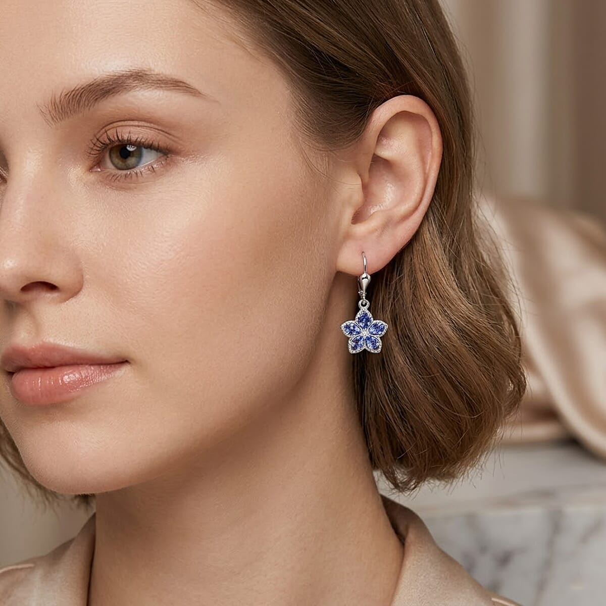 D'Joy Tanzanite and Moissanite 1.50 ctw Floral Bloom Earrings in Rhodium Over Sterling Silver image number 2