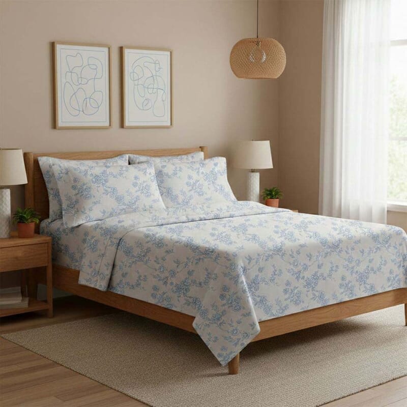 Seeboo 6pc White & Blue Floral Microfiber Sheet Set -Queen