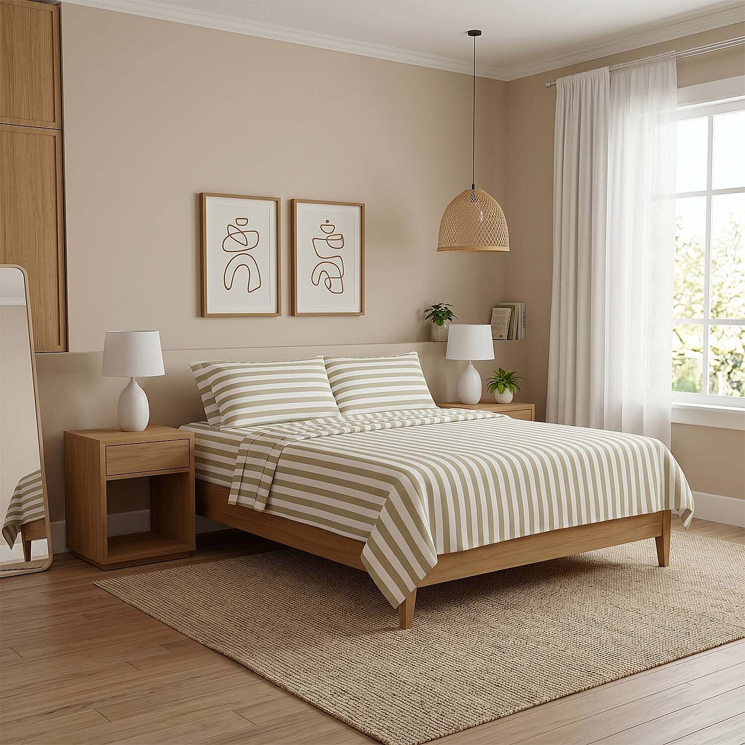 Seeboo 6pc Beige Stripe Microfiber Sheet Set -Queen