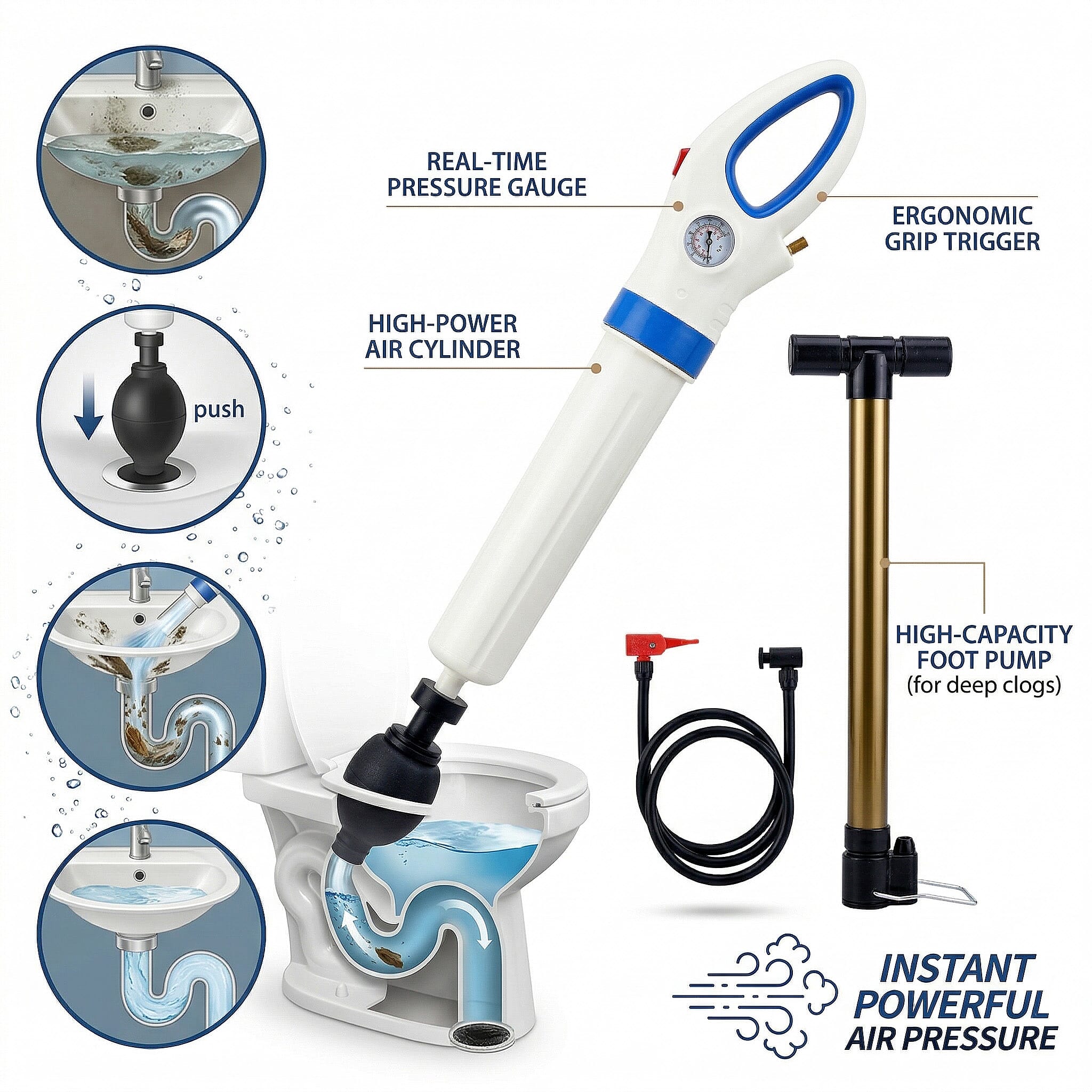 Ray Star Air Powered Drain Cleaner - White